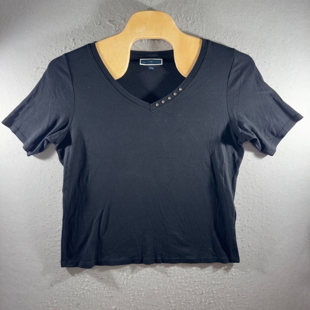 3100 | Karen Scott Studded V-Neck Cotton Short Sleeve Tee Black Women 1X